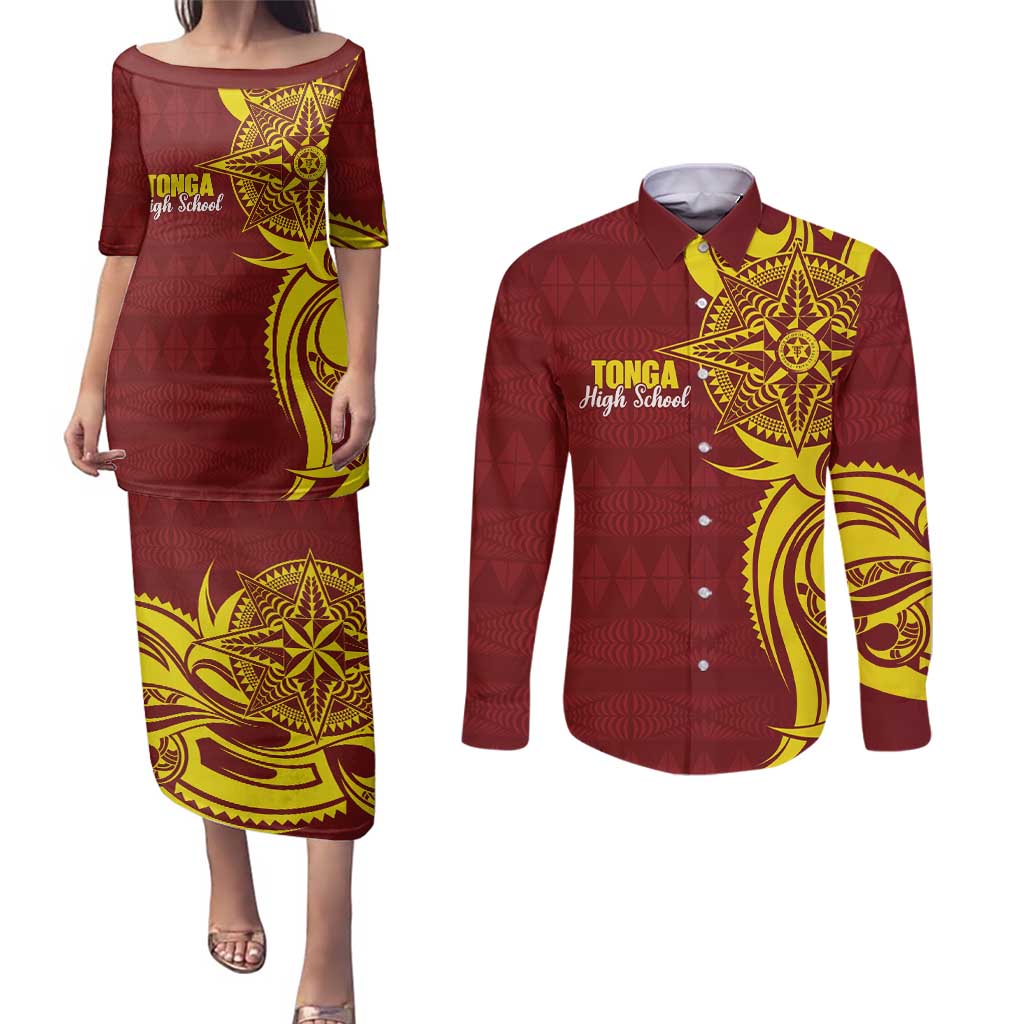 Personalised Tonga High School Couples Matching Puletasi and Long Sleeve Button Shirt THS Tongan Ngatu Pattern - Polynesian Pride