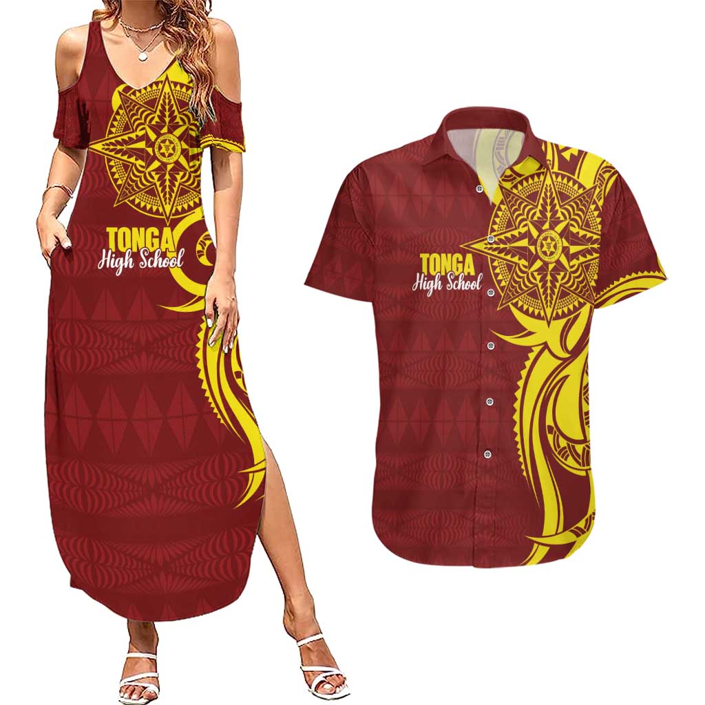 Personalised Tonga High School Couples Matching Summer Maxi Dress and Hawaiian Shirt THS Tongan Ngatu Pattern - Polynesian Pride