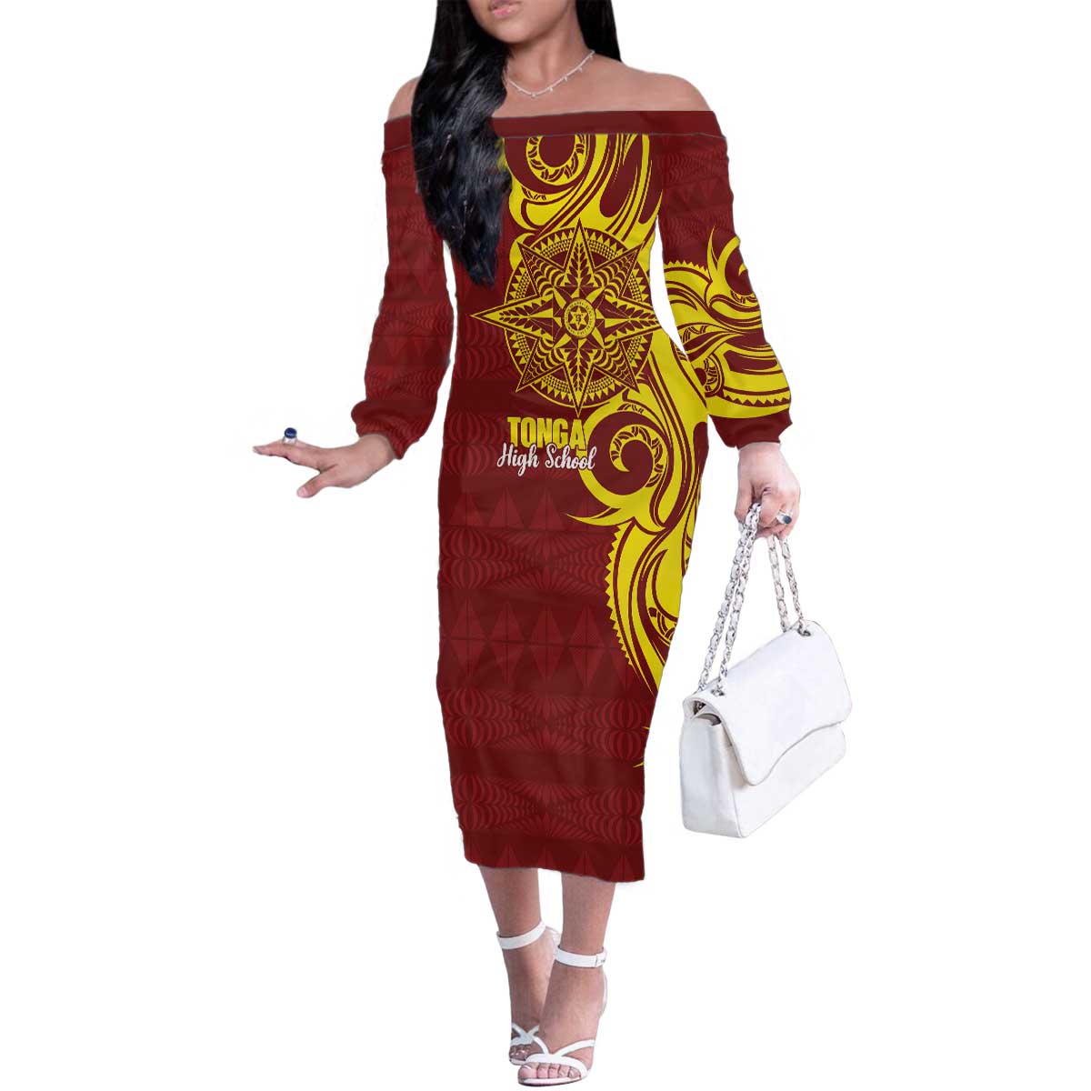 Personalised Tonga High School Family Matching Off The Shoulder Long Sleeve Dress and Hawaiian Shirt THS Tongan Ngatu Pattern - Polynesian Pride