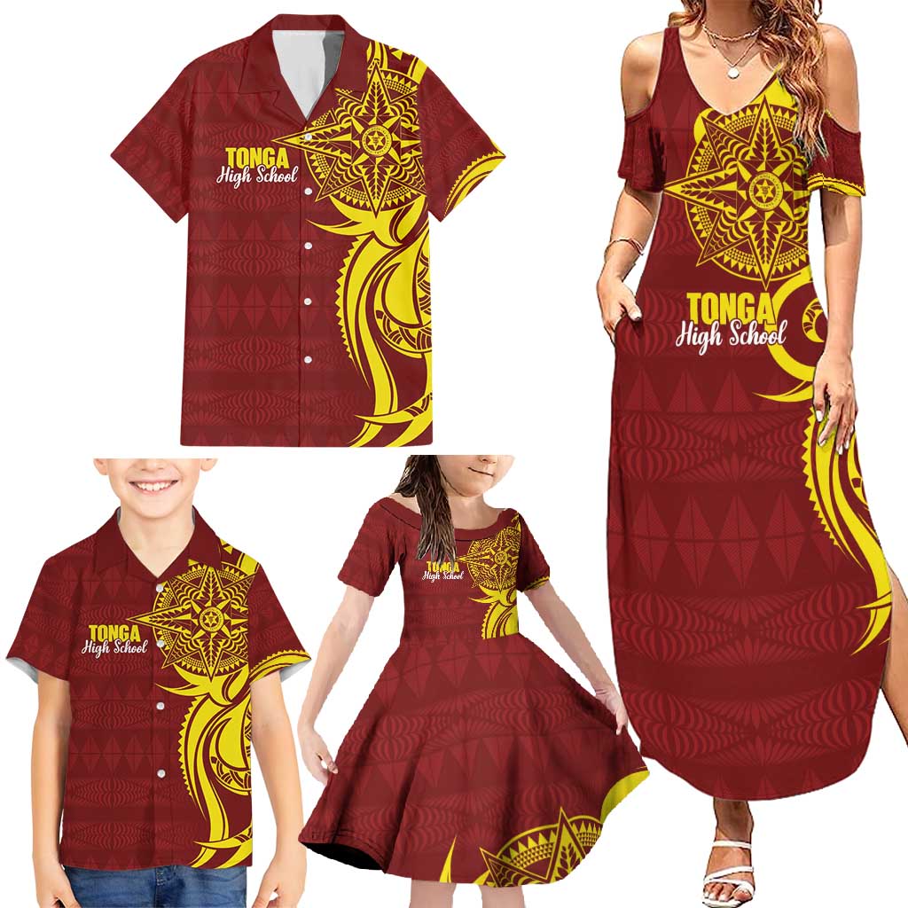 Personalised Tonga High School Family Matching Summer Maxi Dress and Hawaiian Shirt THS Tongan Ngatu Pattern - Polynesian Pride