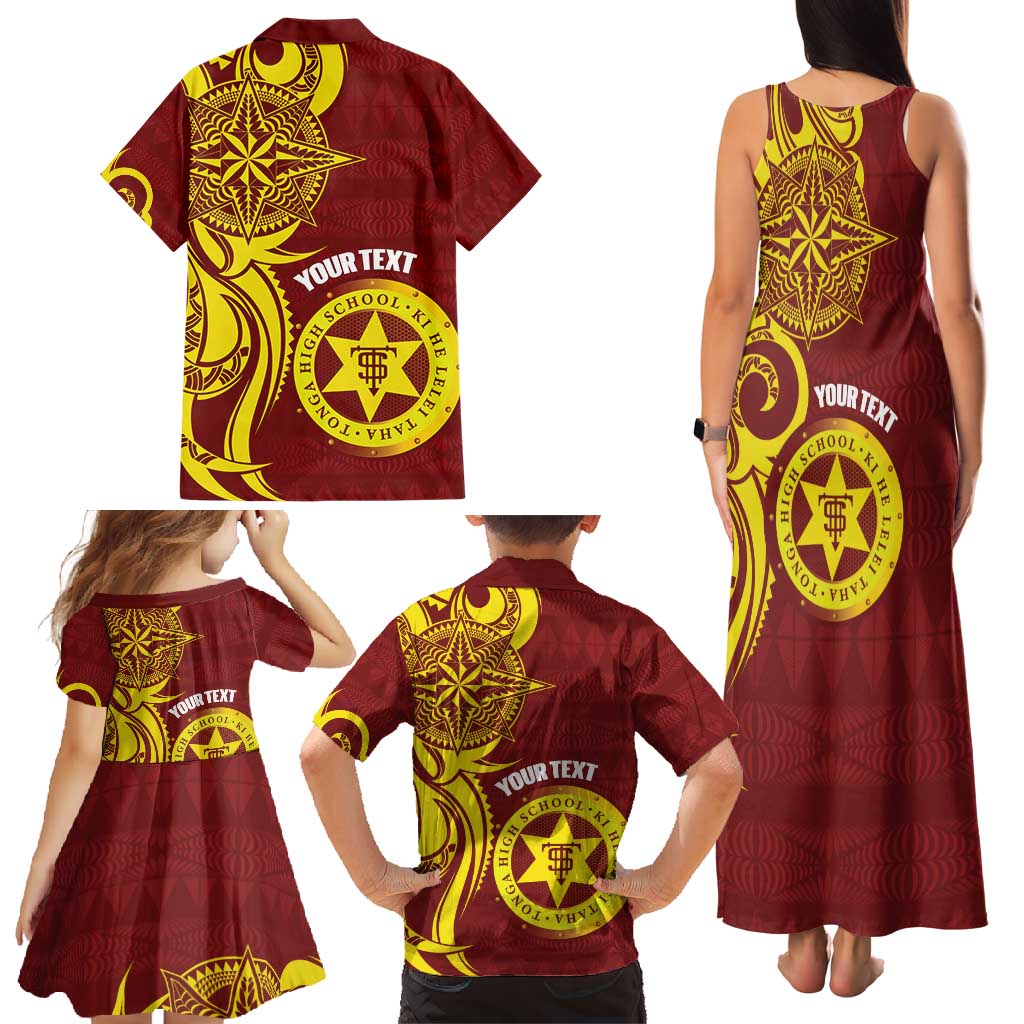 Personalised Tonga High School Family Matching Tank Maxi Dress and Hawaiian Shirt THS Tongan Ngatu Pattern - Polynesian Pride