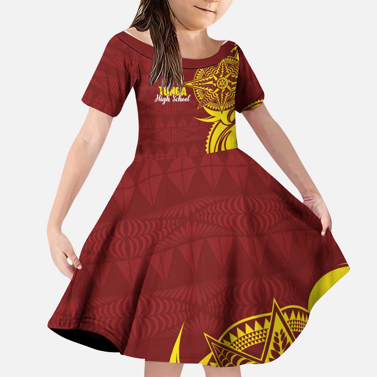 Personalised Tonga High School Kid Short Sleeve Dress THS Tongan Ngatu Pattern - Polynesian Pride