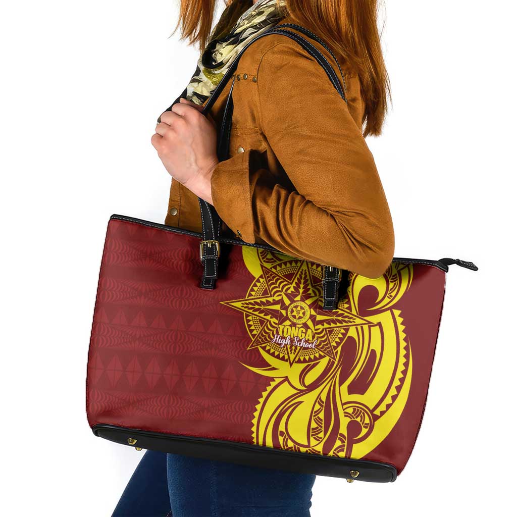 Personalised Tonga High School Leather Tote Bag THS Tongan Ngatu Pattern - Polynesian Pride