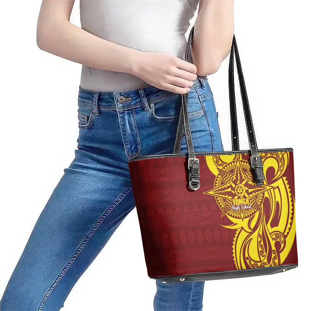 Personalised Tonga High School Leather Tote Bag THS Tongan Ngatu Pattern - Polynesian Pride