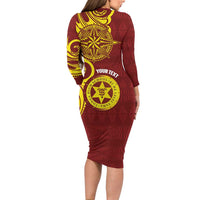 Personalised Tonga High School Long Sleeve Bodycon Dress THS Tongan Ngatu Pattern - Polynesian Pride
