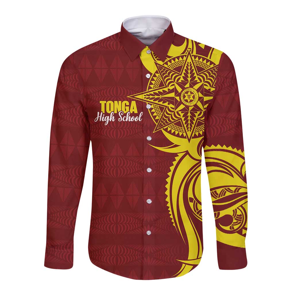 Personalised Tonga High School Long Sleeve Button Shirt THS Tongan Ngatu Pattern - Polynesian Pride