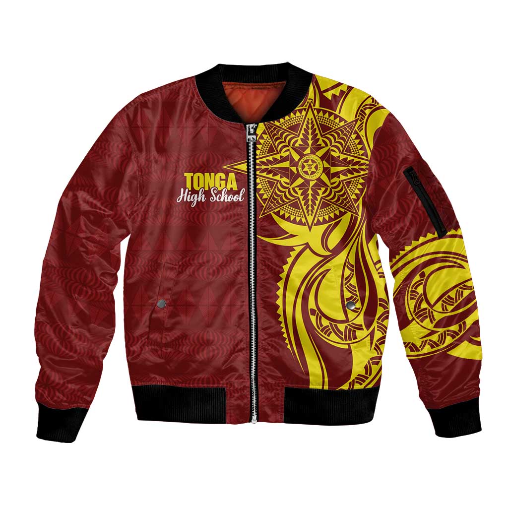 Personalised Tonga High School Sleeve Zip Bomber Jacket THS Tongan Ngatu Pattern - Polynesian Pride