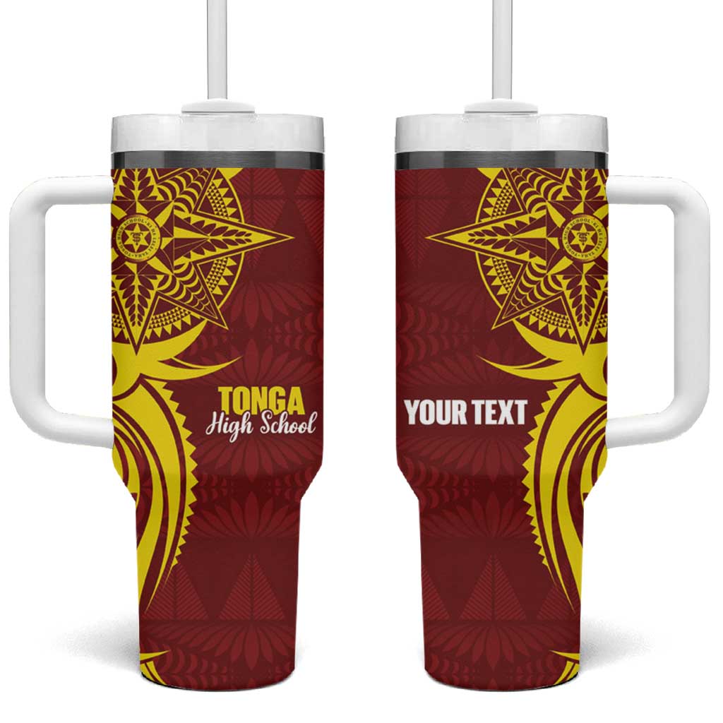 Personalised Tonga High School Tumbler With Handle THS Tongan Ngatu Pattern - Polynesian Pride