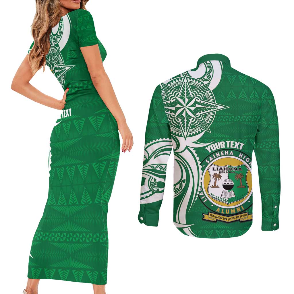 Personalised Liahona - Saineha High School Couples Matching Short Sleeve Bodycon Dress and Long Sleeve Button Shirt Tongan Ngatu Pattern - Polynesian Pride