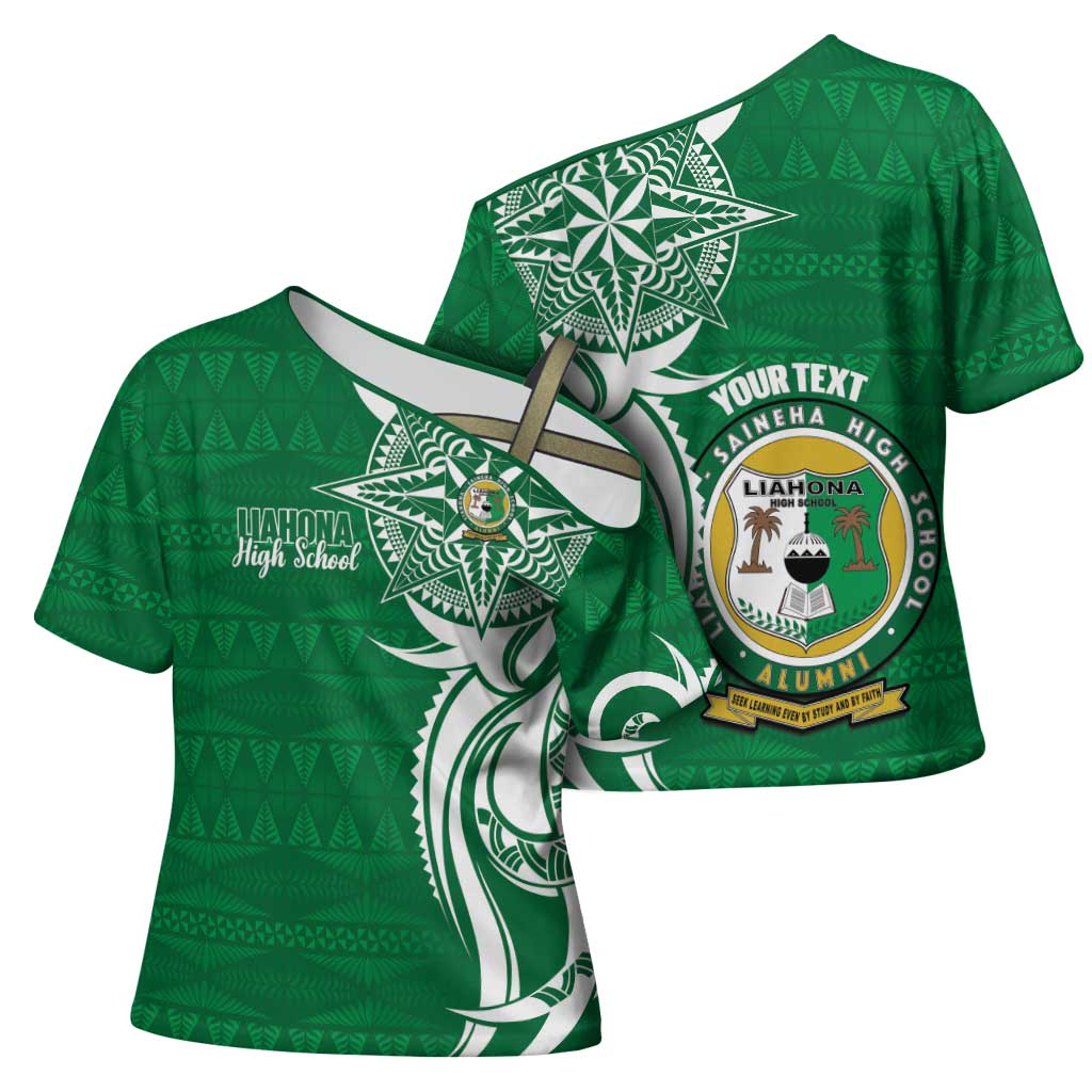 Personalised Liahona - Saineha High School Cross Shoulder Shirt Tongan Ngatu Pattern - Polynesian Pride