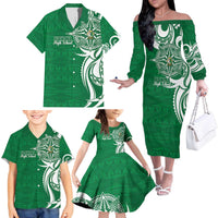 Personalised Liahona - Saineha High School Family Matching Off The Shoulder Long Sleeve Dress and Hawaiian Shirt Tongan Ngatu Pattern - Polynesian Pride