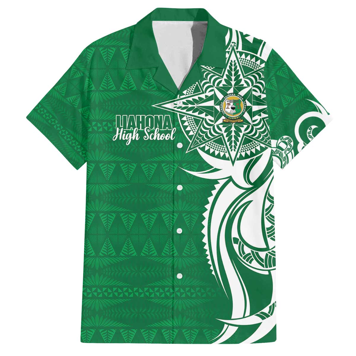 Personalised Liahona - Saineha High School Family Matching Off The Shoulder Long Sleeve Dress and Hawaiian Shirt Tongan Ngatu Pattern - Polynesian Pride