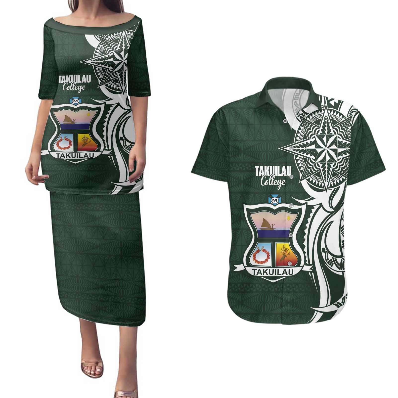 Personalised Tonga Takuilau College Couples Matching Puletasi and Hawaiian Shirt Est 1975 Tongan Ngatu Pattern - Polynesian Pride