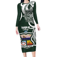 Personalised Tonga Takuilau College Long Sleeve Bodycon Dress Est 1975 Tongan Ngatu Pattern - Polynesian Pride