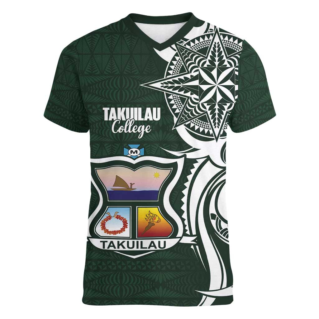 Personalised Tonga Takuilau College Women V-Neck T-Shirt Est 1975 Tongan Ngatu Pattern - Polynesian Pride