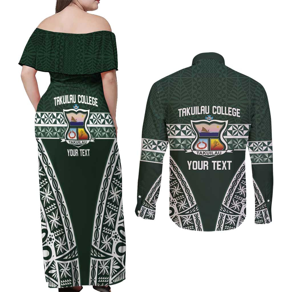Personalised Tonga Takuilau College Couples Matching Off Shoulder Maxi Dress and Long Sleeve Button Shirt 50th Anniversary Ngatu Kupesi - Polynesian Pride