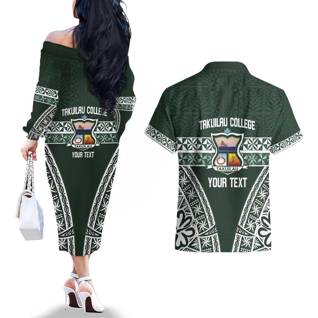 Personalised Tonga Takuilau College Couples Matching Off The Shoulder Long Sleeve Dress and Hawaiian Shirt 50th Anniversary Ngatu Kupesi - Polynesian Pride
