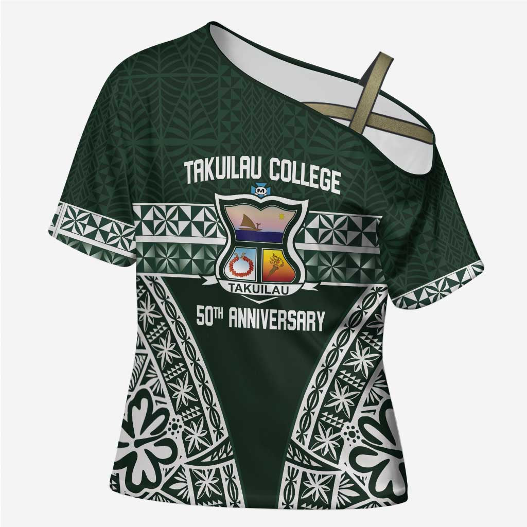 Personalised Tonga Takuilau College Cross Shoulder Shirt 50th Anniversary Ngatu Kupesi - Polynesian Pride