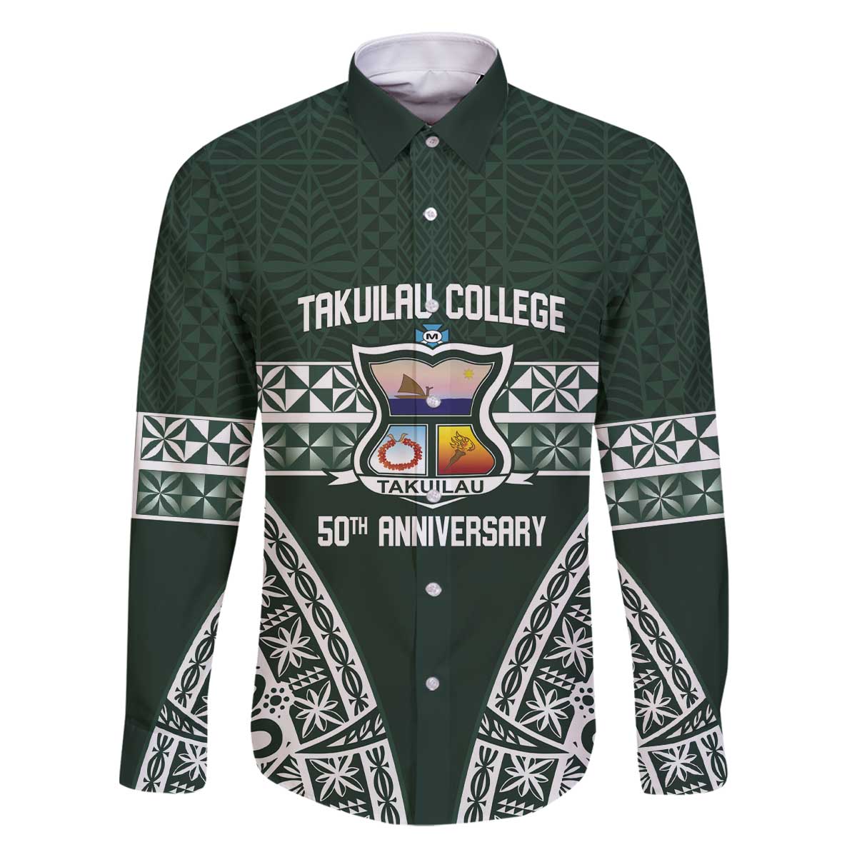 Personalised Tonga Takuilau College Family Matching Off The Shoulder Long Sleeve Dress and Hawaiian Shirt 50th Anniversary Ngatu Kupesi - Polynesian Pride