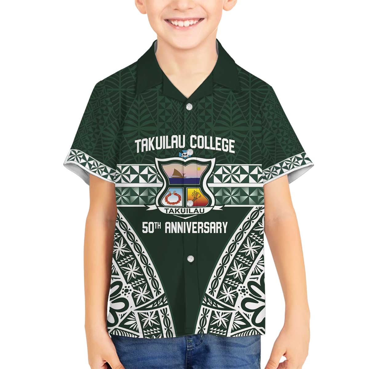 Personalised Tonga Takuilau College Family Matching Off The Shoulder Long Sleeve Dress and Hawaiian Shirt 50th Anniversary Ngatu Kupesi - Polynesian Pride