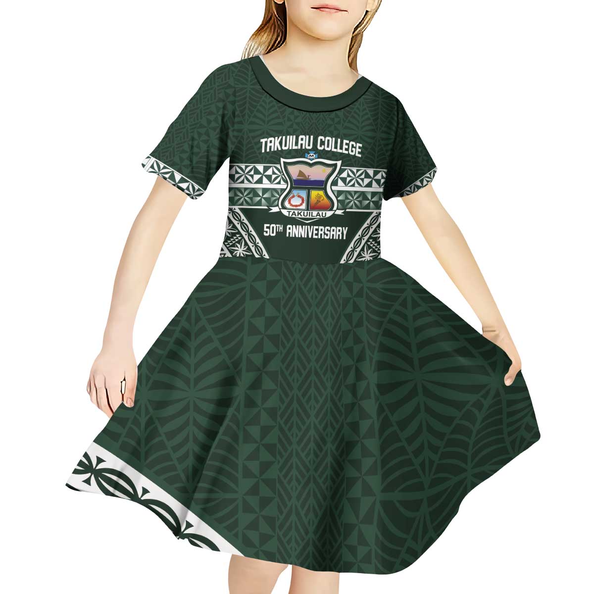 Personalised Tonga Takuilau College Kid Short Sleeve Dress 50th Anniversary Ngatu Kupesi - Polynesian Pride