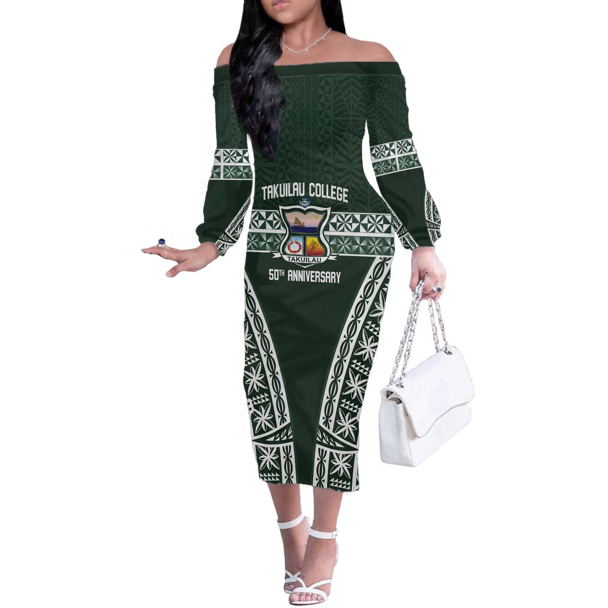 Personalised Tonga Takuilau College Off The Shoulder Long Sleeve Dress 50th Anniversary Ngatu Kupesi - Polynesian Pride