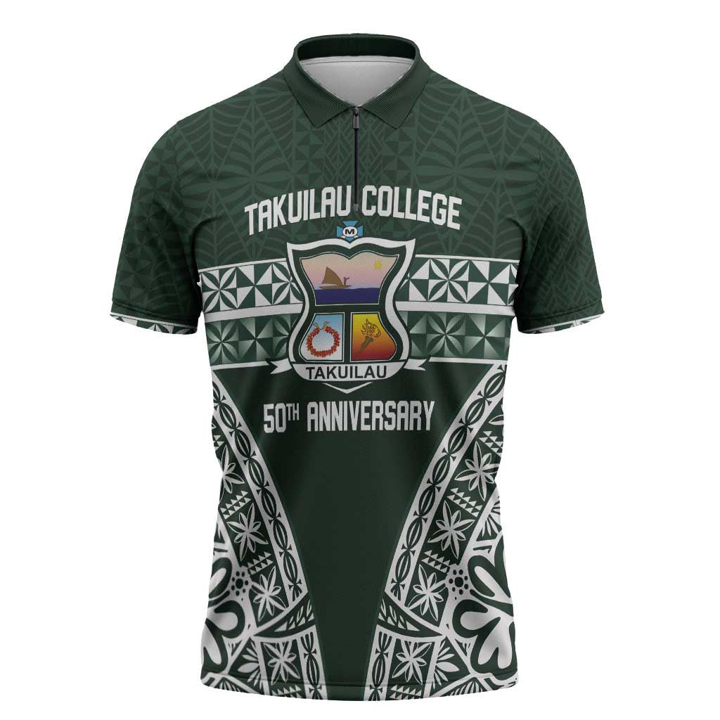 Personalised Tonga Takuilau College Zipper Polo Shirt 50th Anniversary Ngatu Kupesi - Polynesian Pride