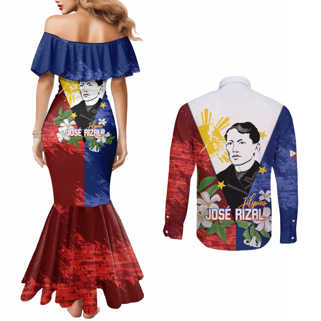 Philippines Rizal Day Couples Matching Mermaid Dress and Long Sleeve Button Shirt Filipino Sampaguita Grunge Style - Polynesian Pride