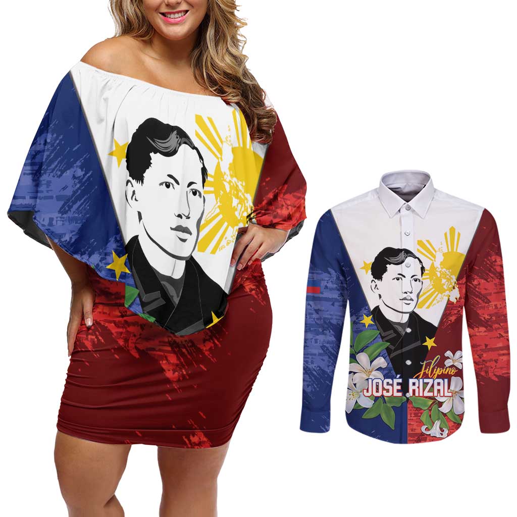 Philippines Rizal Day Couples Matching Off Shoulder Short Dress and Long Sleeve Button Shirt Filipino Sampaguita Grunge Style - Polynesian Pride