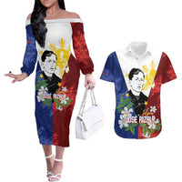 Philippines Rizal Day Couples Matching Off The Shoulder Long Sleeve Dress and Hawaiian Shirt Filipino Sampaguita Grunge Style - Polynesian Pride