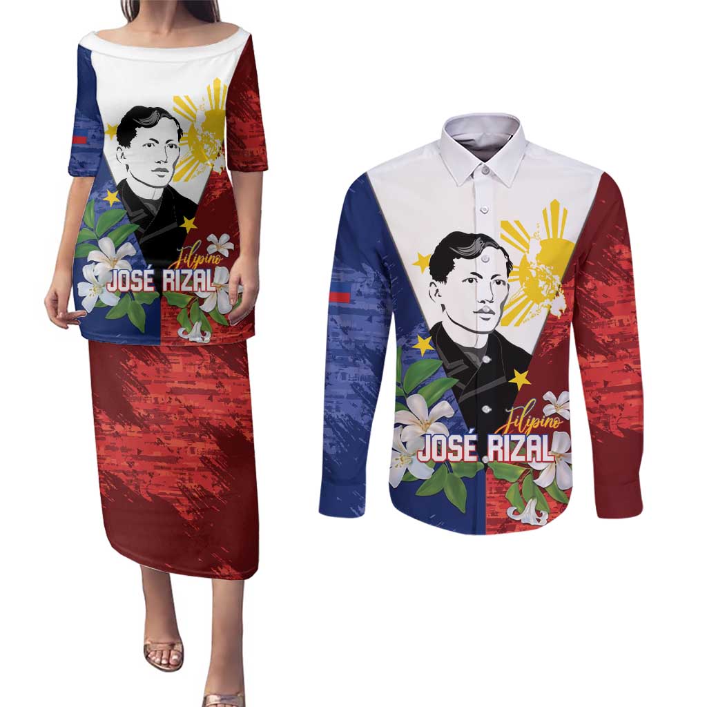 Philippines Rizal Day Couples Matching Puletasi and Long Sleeve Button Shirt Filipino Sampaguita Grunge Style LT14 Blue - Polynesian Pride