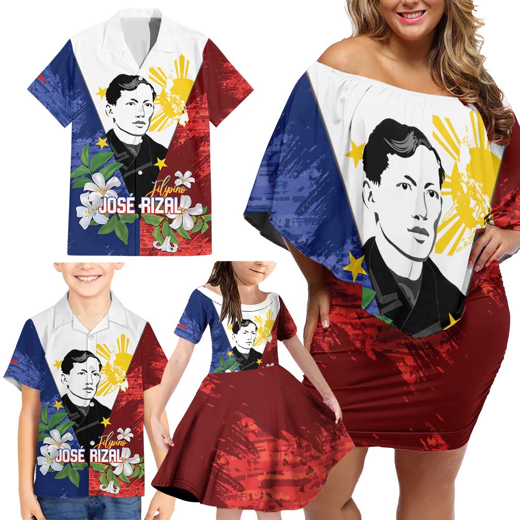 Philippines Rizal Day Family Matching Off Shoulder Short Dress and Hawaiian Shirt Filipino Sampaguita Grunge Style - Polynesian Pride