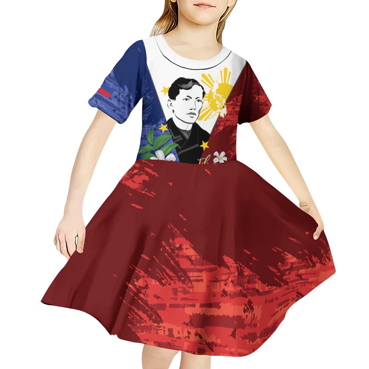 Philippines Rizal Day Kid Short Sleeve Dress Filipino Sampaguita Grunge Style - Polynesian Pride