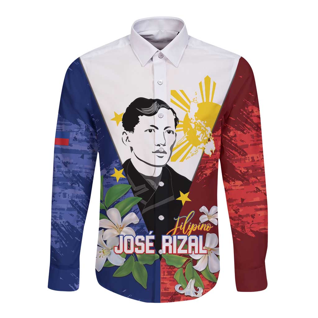 Philippines Rizal Day Long Sleeve Button Shirt Filipino Sampaguita Grunge Style LT14 Unisex Blue - Polynesian Pride