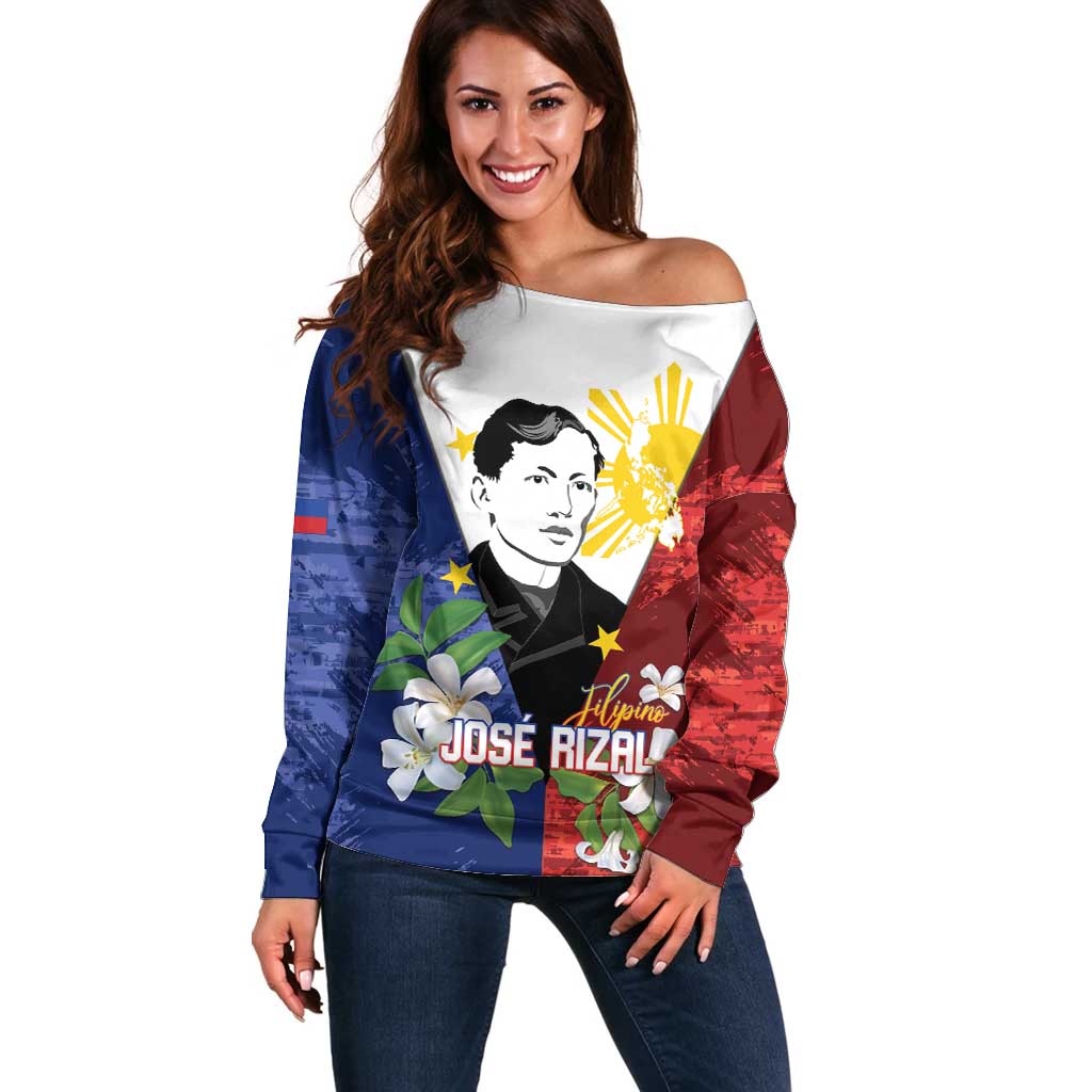 Philippines Rizal Day Off Shoulder Sweater Filipino Sampaguita Grunge Style - Polynesian Pride
