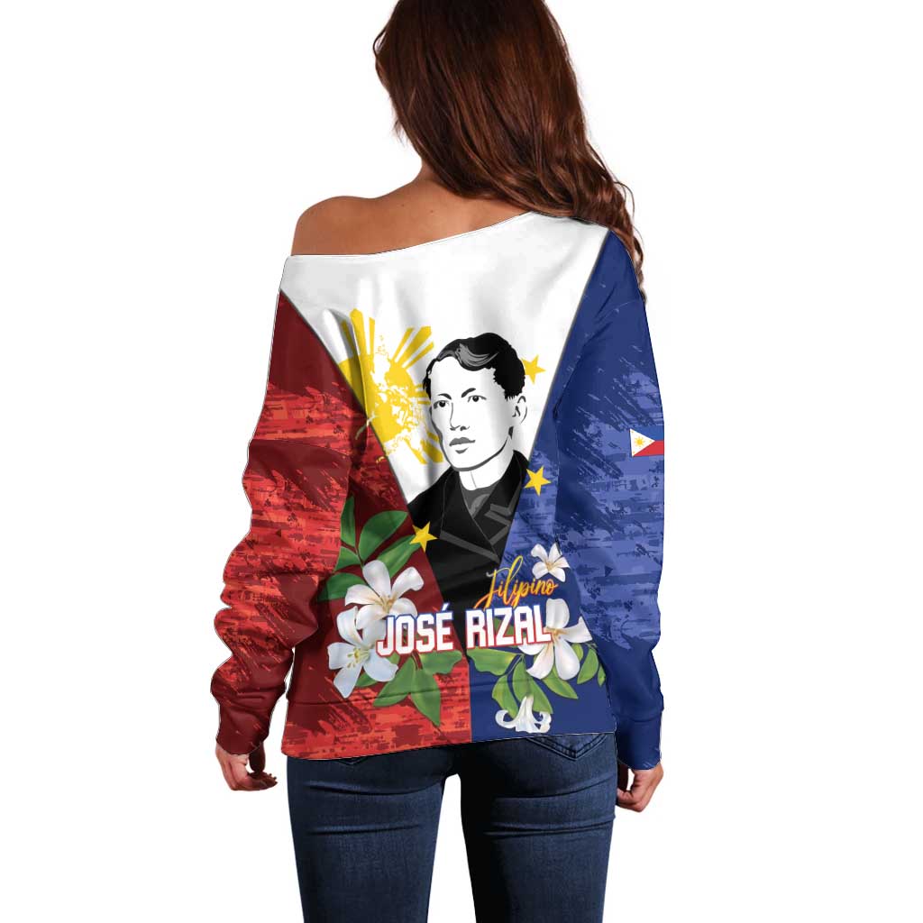 Philippines Rizal Day Off Shoulder Sweater Filipino Sampaguita Grunge Style - Polynesian Pride