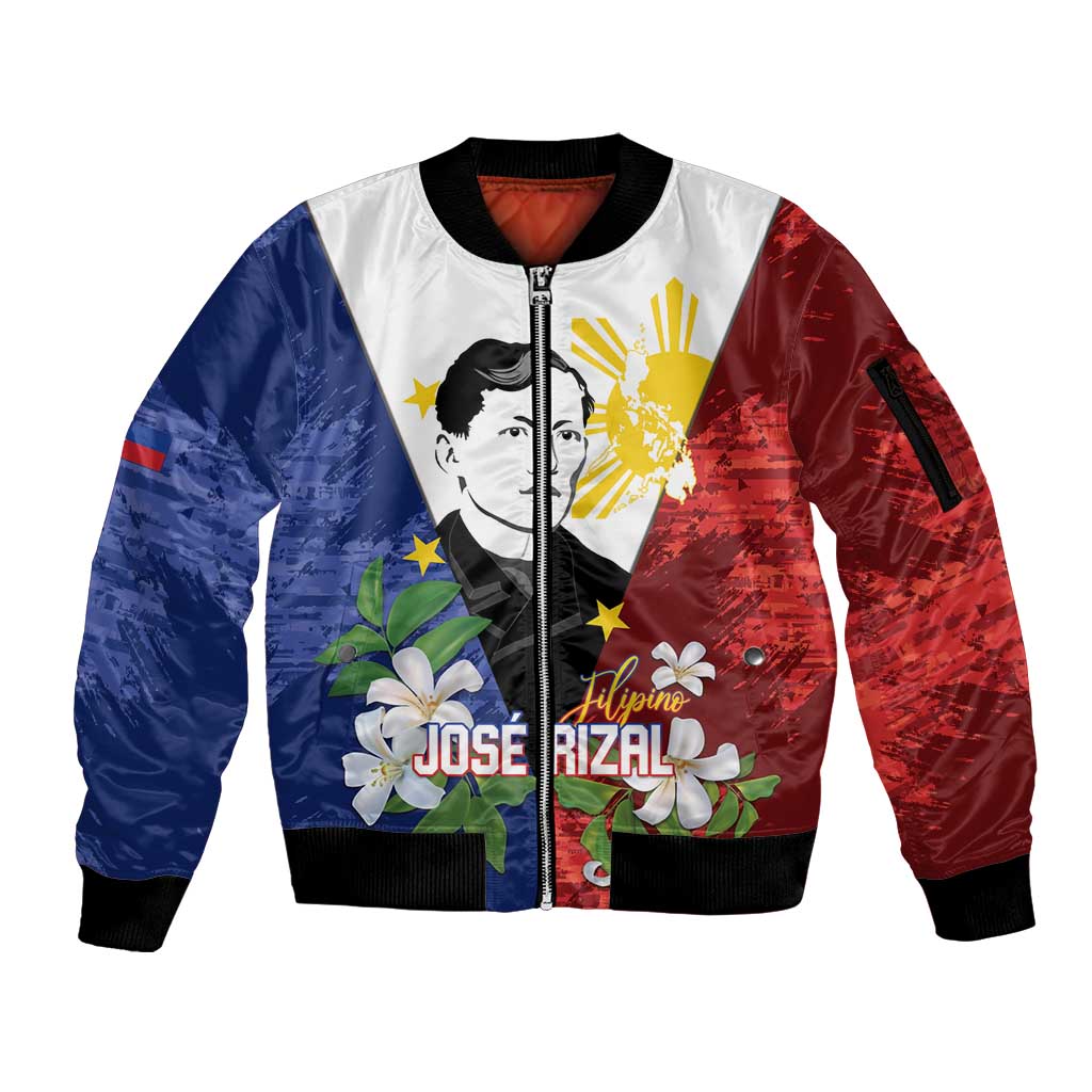 Philippines Rizal Day Sleeve Zip Bomber Jacket Filipino Sampaguita Grunge Style LT14 Unisex Blue - Polynesian Pride