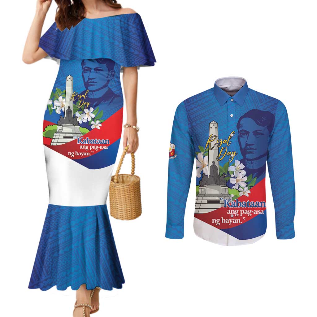 Philippines Rizal Day Couples Matching Mermaid Dress and Long Sleeve Button Shirt Filipino Motto Stella Polynesian Pattern LT14 Blue - Polynesian Pride