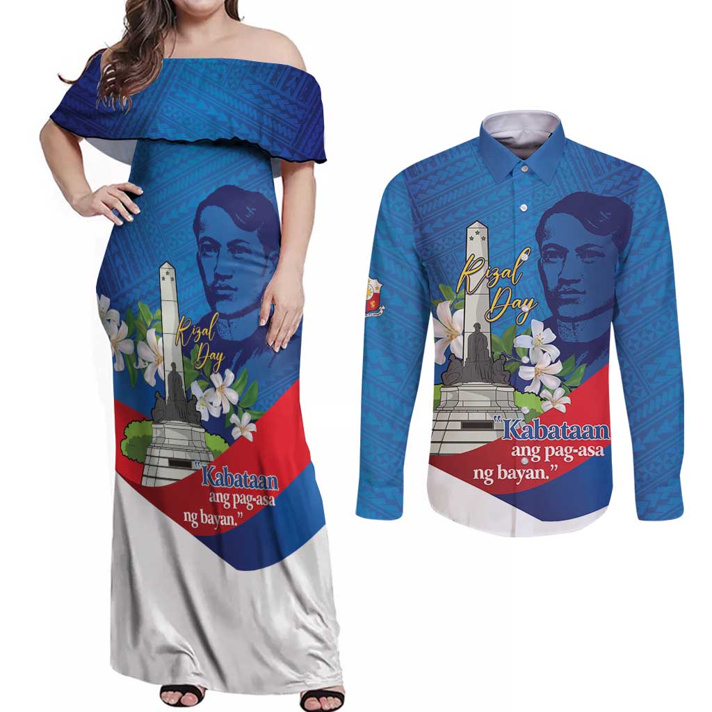 Philippines Rizal Day Couples Matching Off Shoulder Maxi Dress and Long Sleeve Button Shirt Filipino Motto Stella Polynesian Pattern LT14 Blue - Polynesian Pride