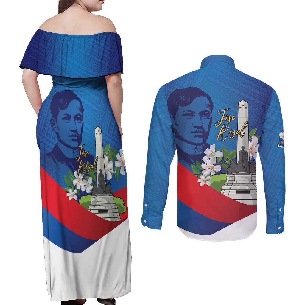 Philippines Rizal Day Couples Matching Off Shoulder Maxi Dress and Long Sleeve Button Shirt Filipino Motto Stella Polynesian Pattern - Polynesian Pride