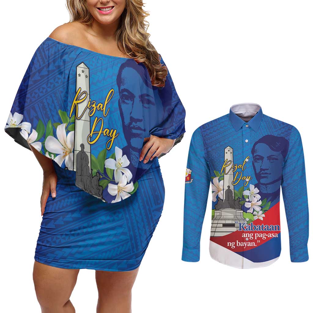 Philippines Rizal Day Couples Matching Off Shoulder Short Dress and Long Sleeve Button Shirt Filipino Motto Stella Polynesian Pattern LT14 Blue - Polynesian Pride