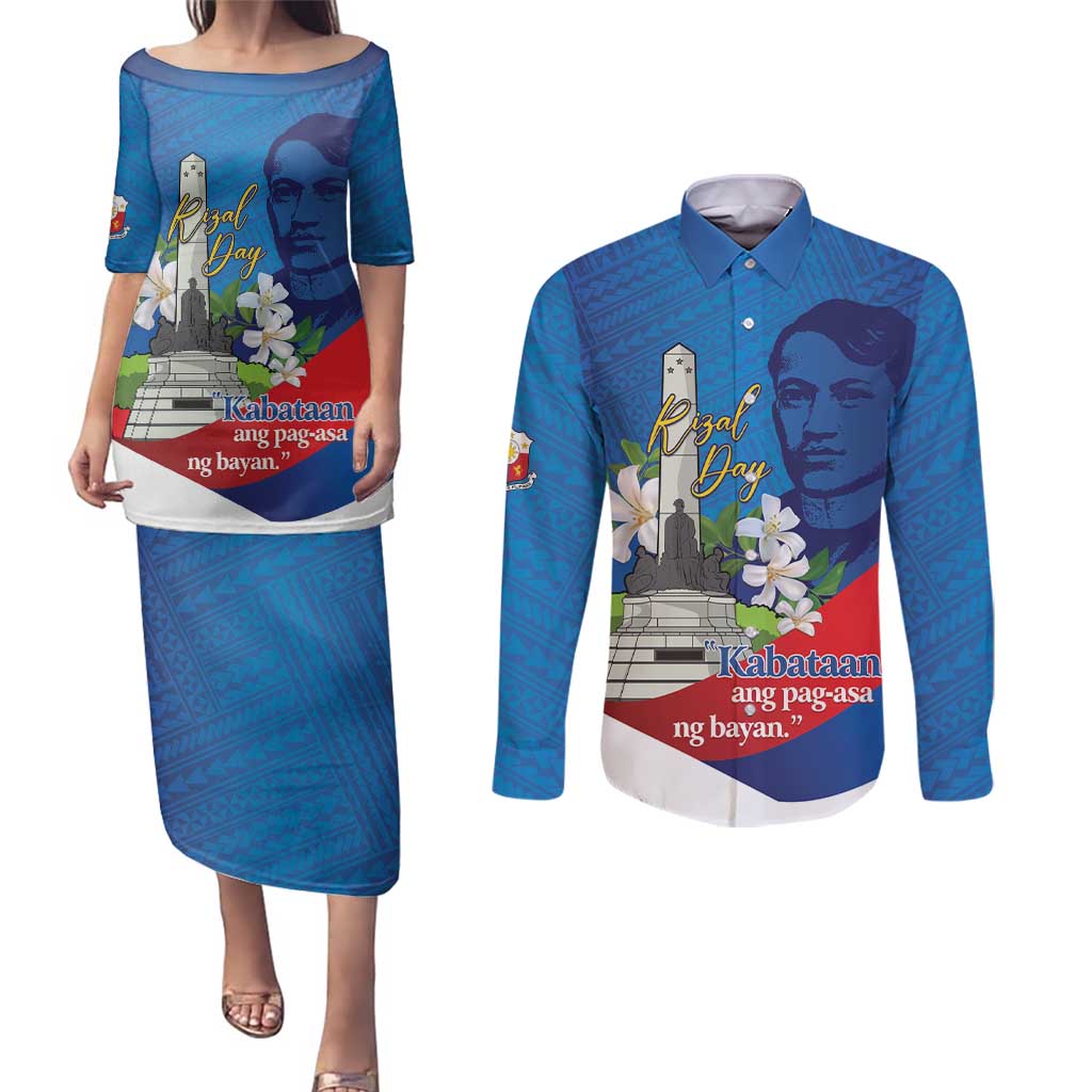 Philippines Rizal Day Couples Matching Puletasi and Long Sleeve Button Shirt Filipino Motto Stella Polynesian Pattern LT14 Blue - Polynesian Pride