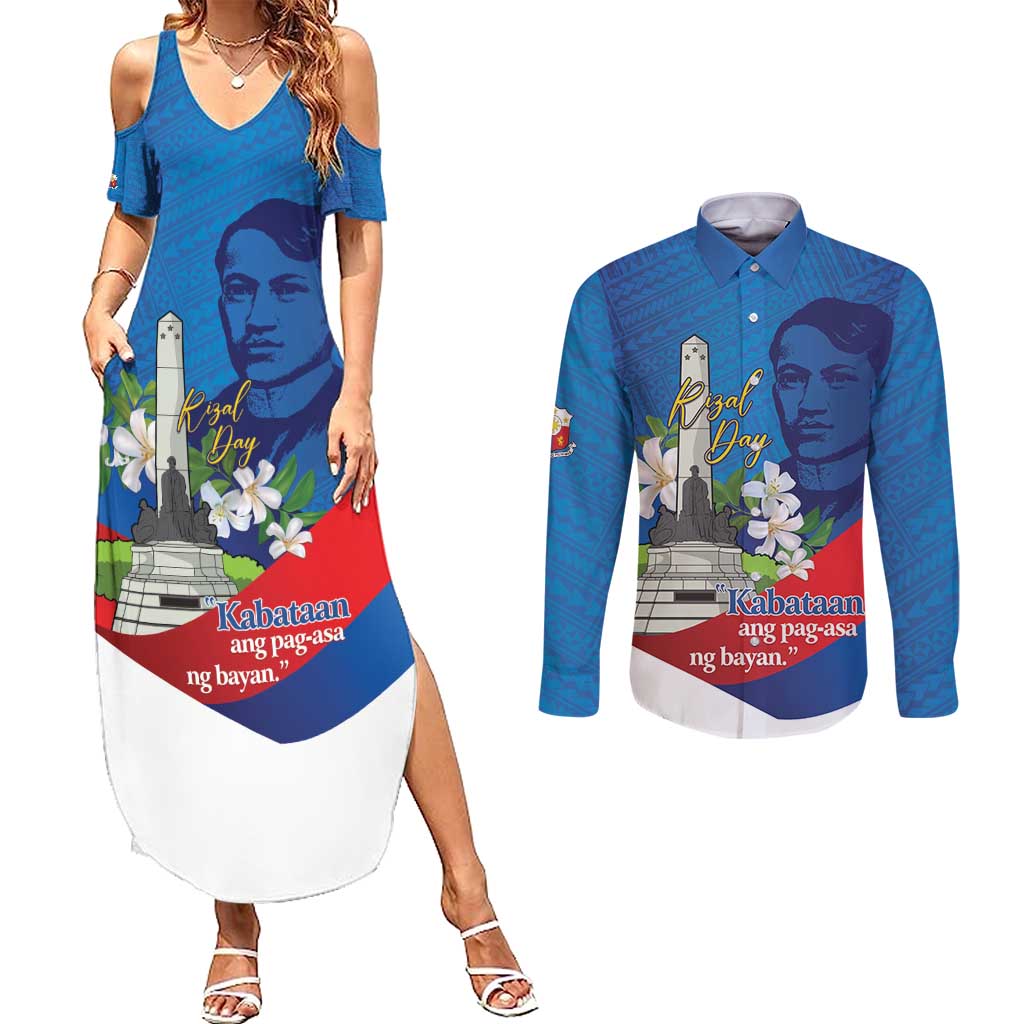 Philippines Rizal Day Couples Matching Summer Maxi Dress and Long Sleeve Button Shirt Filipino Motto Stella Polynesian Pattern LT14 Blue - Polynesian Pride