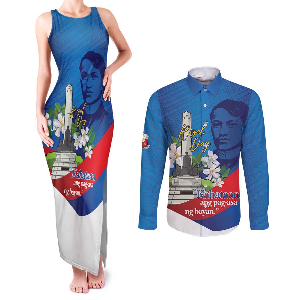 Philippines Rizal Day Couples Matching Tank Maxi Dress and Long Sleeve Button Shirt Filipino Motto Stella Polynesian Pattern LT14 Blue - Polynesian Pride