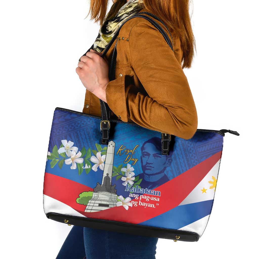 Philippines Rizal Day Leather Tote Bag Filipino Motto Stella Polynesian Pattern - Polynesian Pride