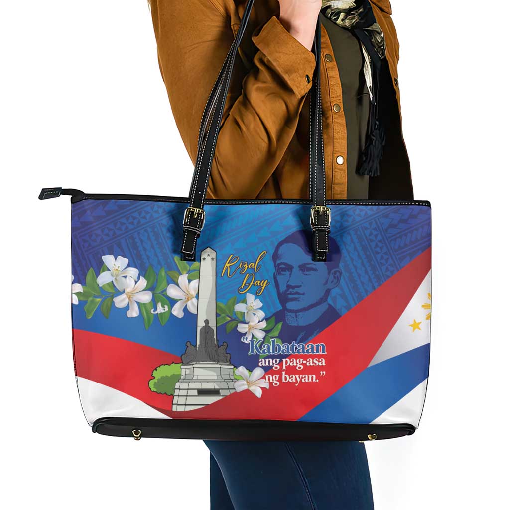 Philippines Rizal Day Leather Tote Bag Filipino Motto Stella Polynesian Pattern - Polynesian Pride