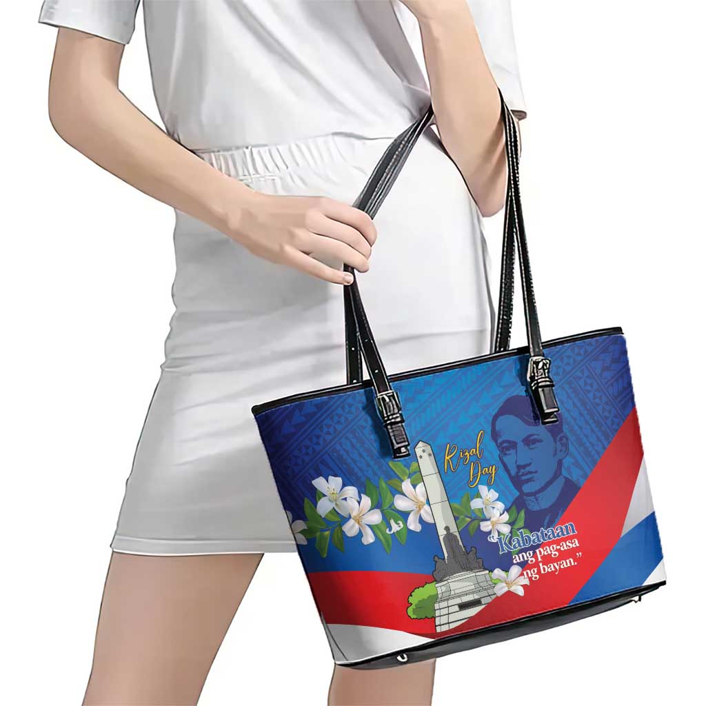 Philippines Rizal Day Leather Tote Bag Filipino Motto Stella Polynesian Pattern - Polynesian Pride