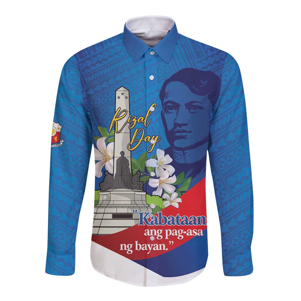 Philippines Rizal Day Long Sleeve Button Shirt Filipino Motto Stella Polynesian Pattern LT14 Unisex Blue - Polynesian Pride