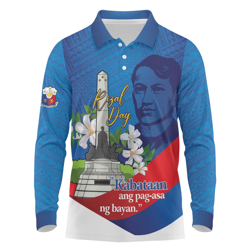 Philippines Rizal Day Long Sleeve Polo Shirt Filipino Motto Stella Polynesian Pattern LT14 Blue - Polynesian Pride