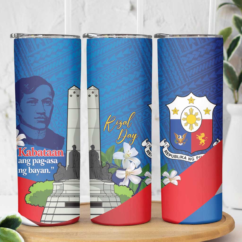 Philippines Rizal Day Skinny Tumbler Filipino Motto Stella Polynesian Pattern - Polynesian Pride
